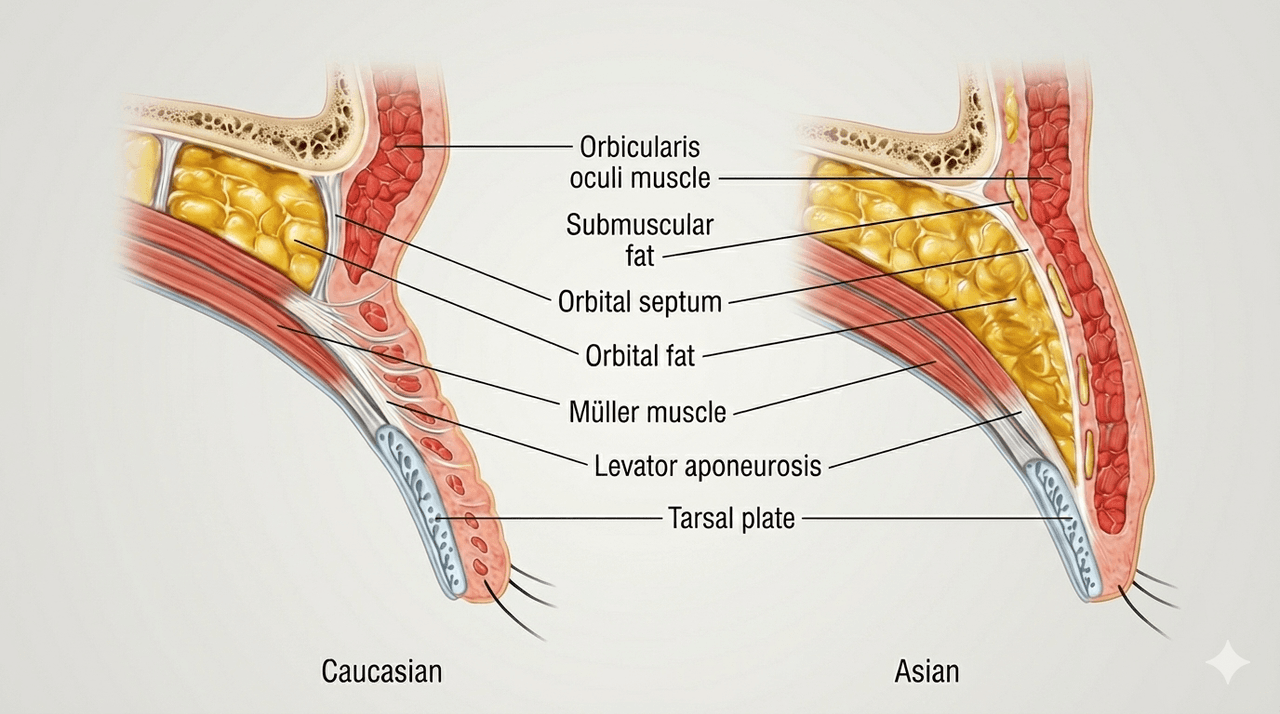 Cross-sectional comparison of Caucasian and Asian upper eyelid anatomy — levator aponeurosis attachment, orbital septum position, and preseptal fat