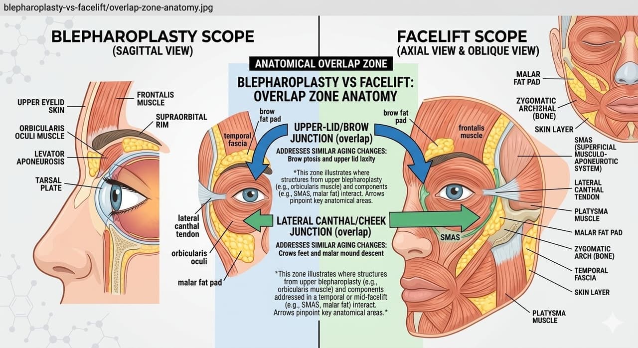 Diagram showing the anatomic overlap zone between lower eyelid and midface