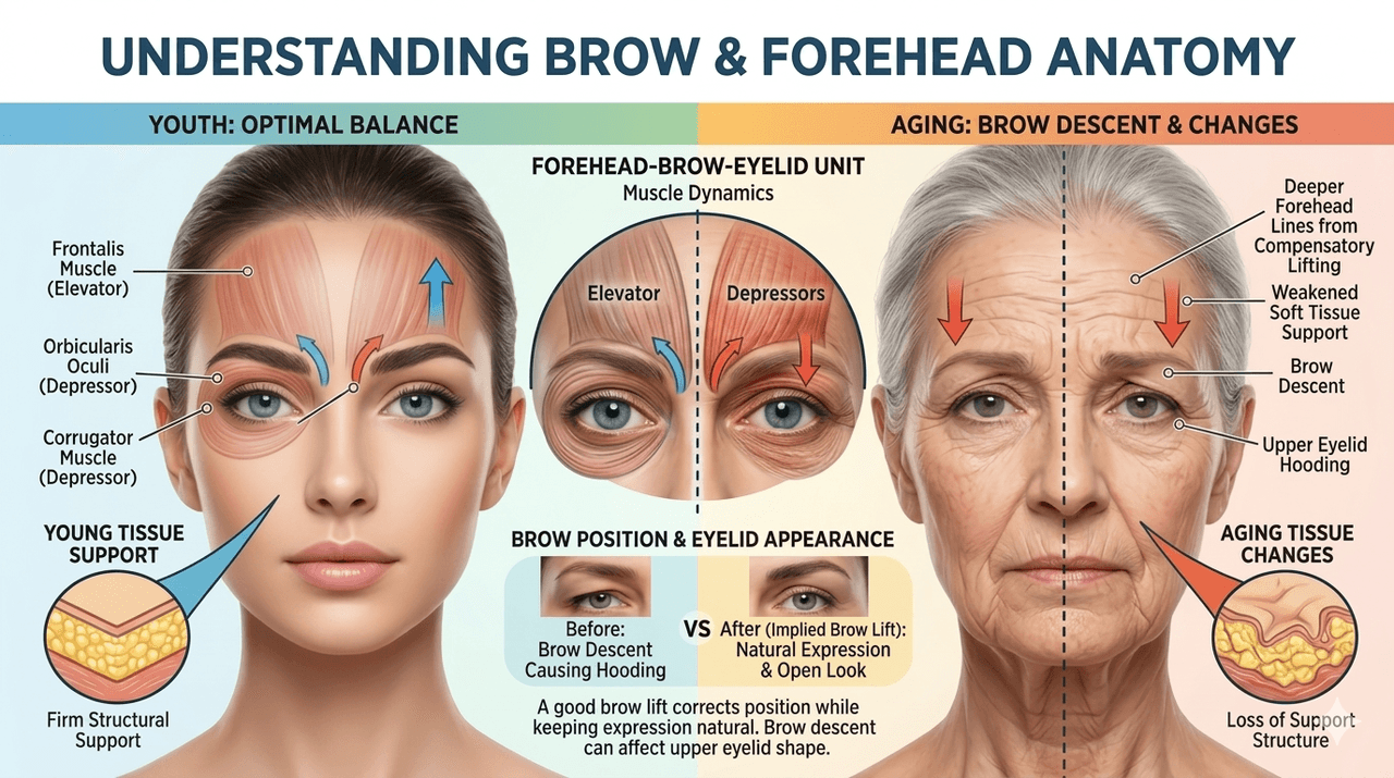 Detailed anatomy of the brow complex — frontalis muscle, galea aponeurotica, corrugator, procerus, and depressor supercilii