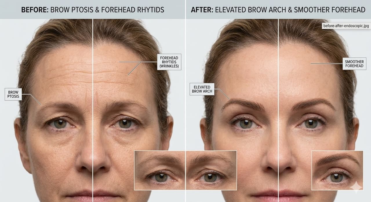 Before and after endoscopic brow lift showing elevated lateral brow and reduced forehead heaviness