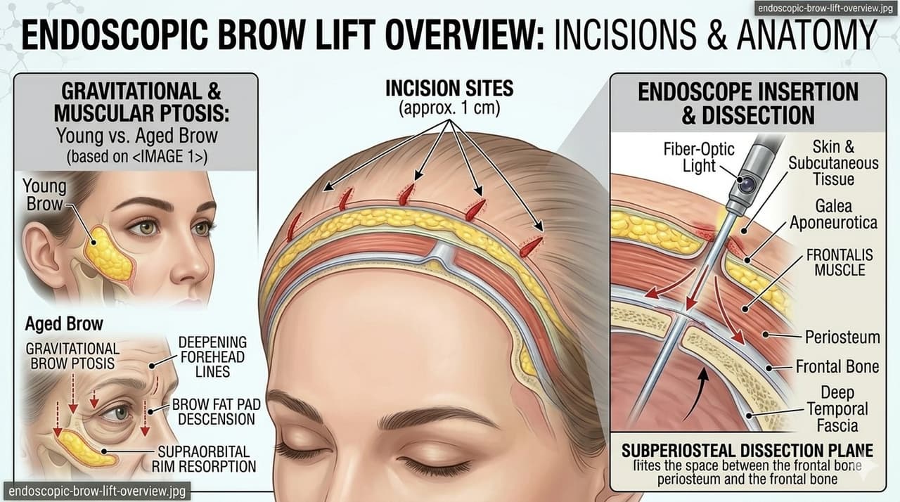 Diagram showing endoscopic brow lift incision placement and tissue elevation