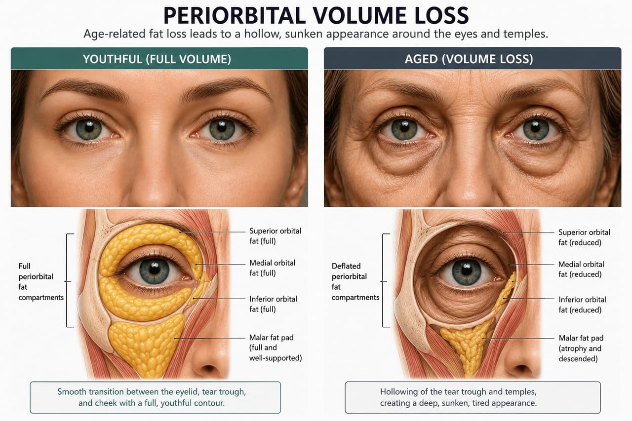 Diagram showing age-related volume loss in the temples, tear troughs, and upper eyelid sulcus
