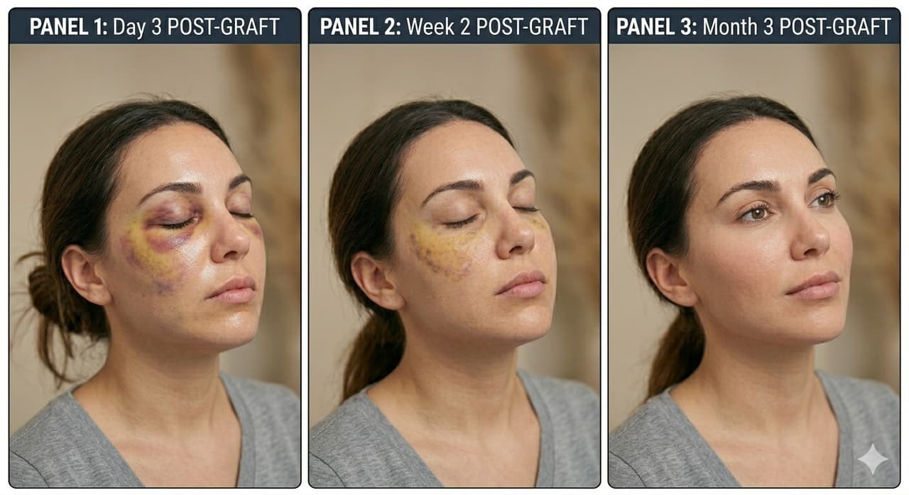 Timeline showing the typical progression of swelling and final result after facial fat grafting