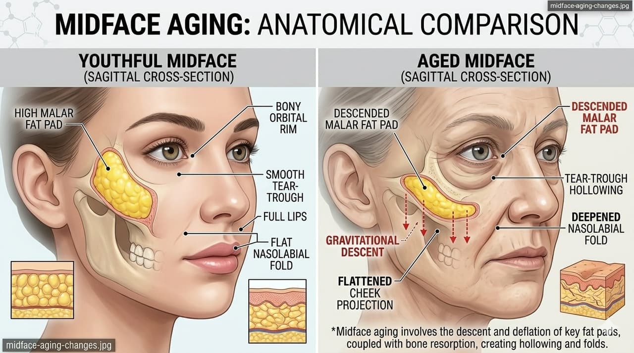 Diagram showing midface descent, tear trough deepening, and lengthening of the lid-cheek junction with age
