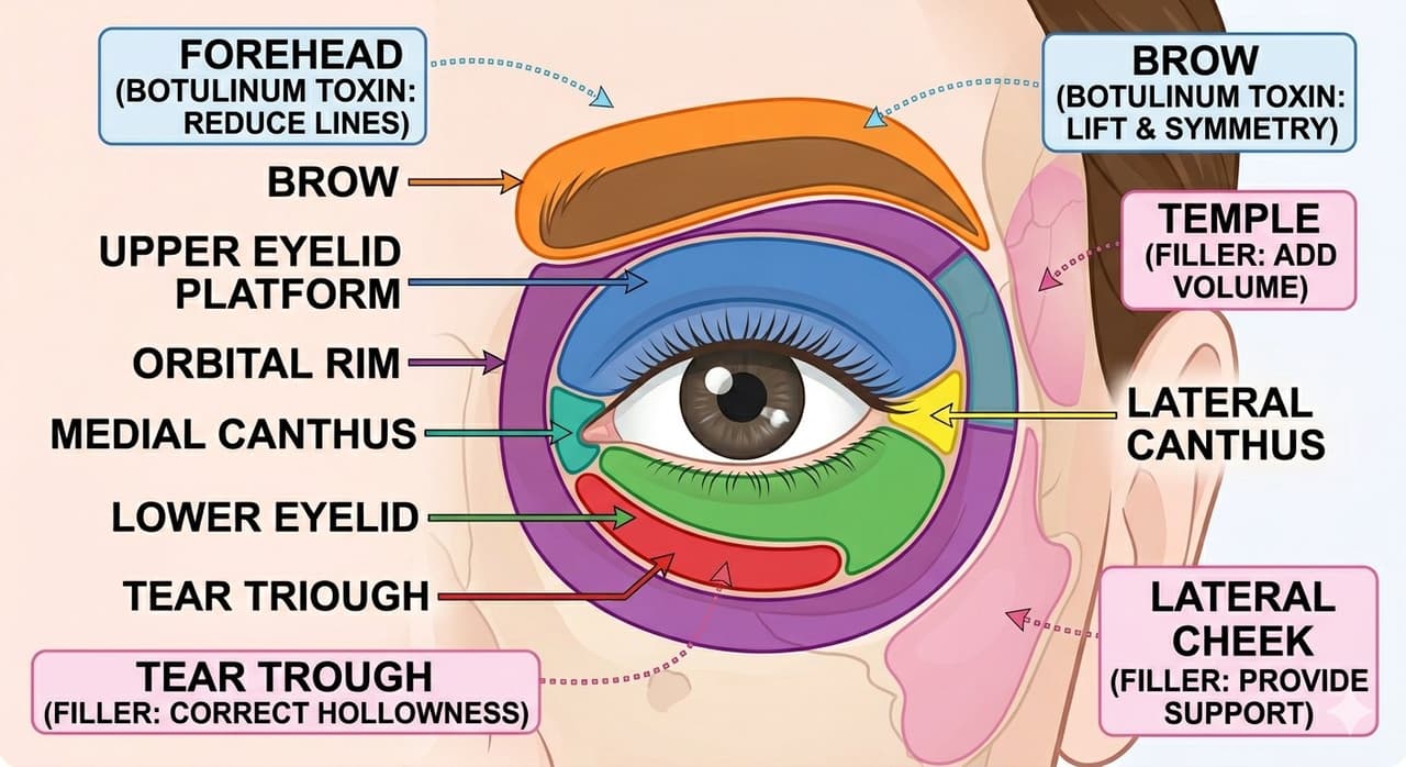 Diagram of periorbital zones treated with non-surgical techniques