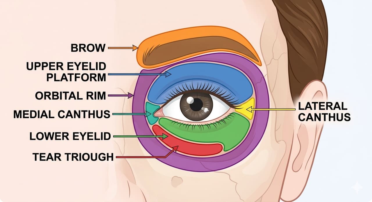 Diagram showing the periocular aesthetic zones including brow, upper lid, lower lid, tear trough, and lateral canthal regions