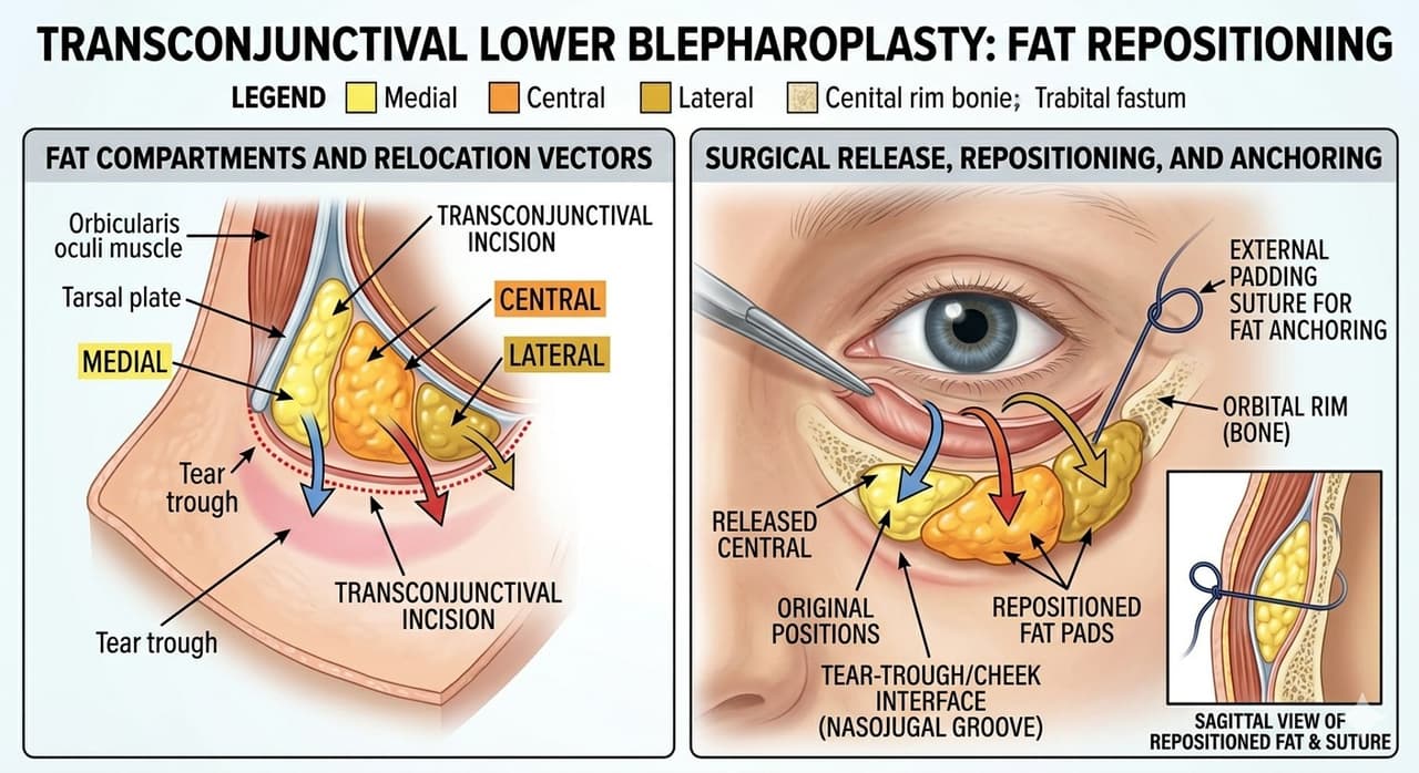 Illustration of orbital fat redraped over the inferior orbital rim during transconjunctival blepharoplasty