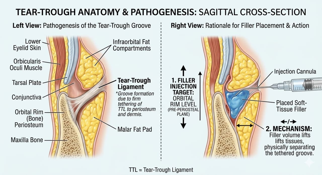 Diagram showing the tear trough ligament along the medial orbital rim
