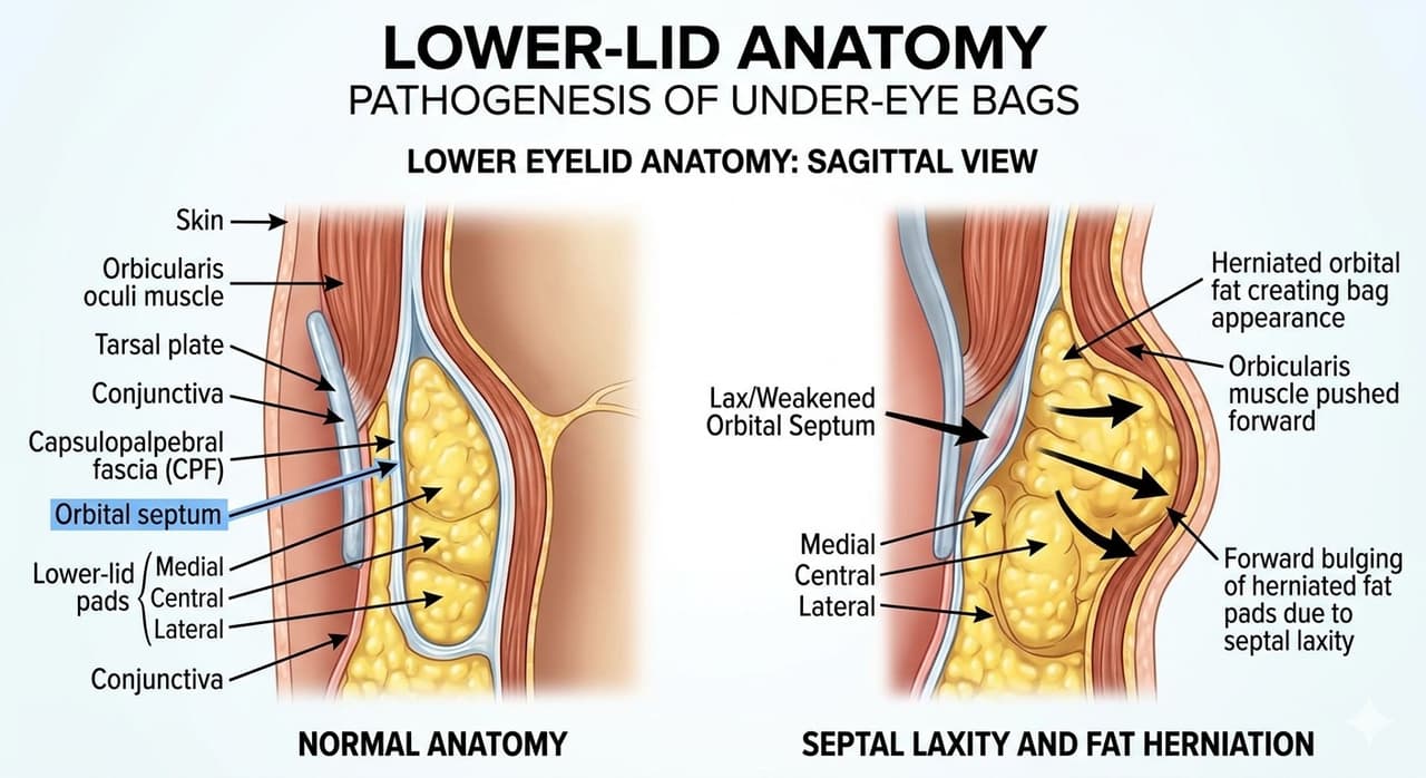 Cross-sectional anatomy of the lower eyelid showing orbital fat compartments, orbicularis muscle, orbital septum, and tear trough ligament