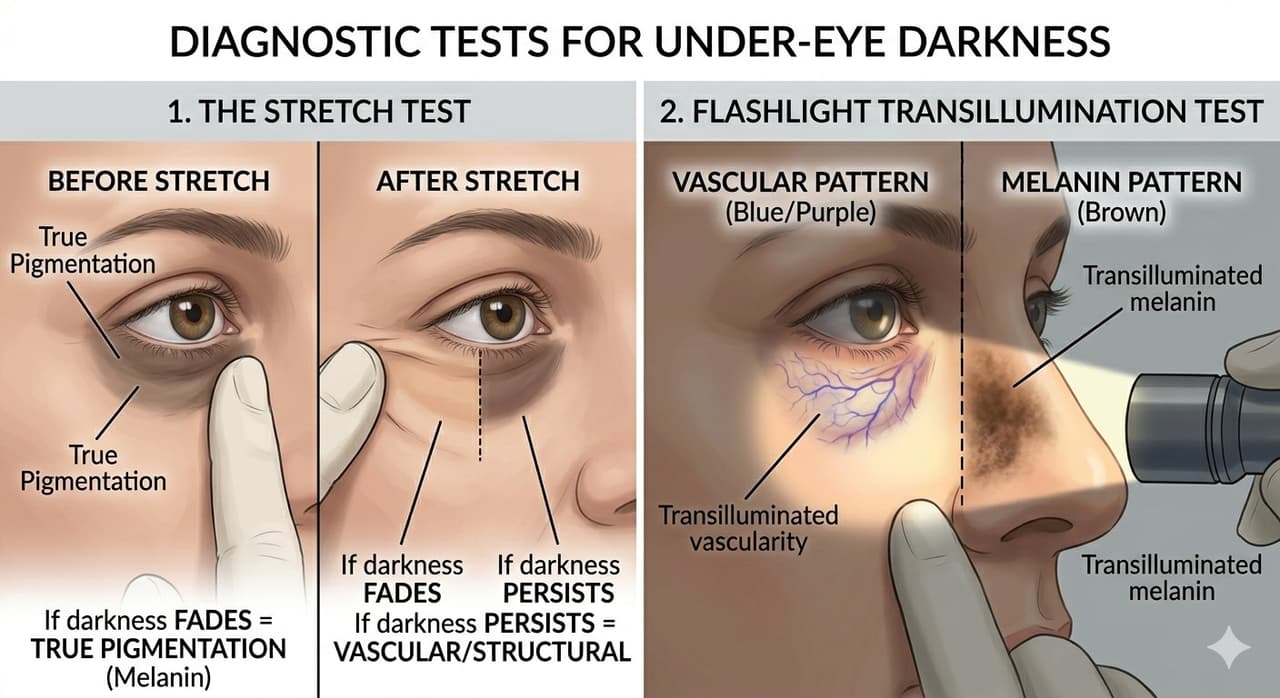 The stretch, flashlight, and pinch tests for evaluating dark circles