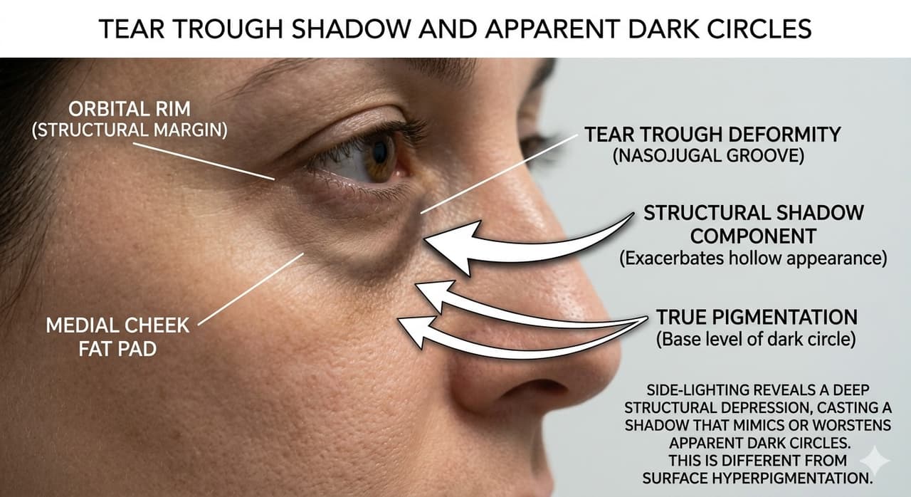 Side lighting demonstrating shadow cast by tear trough depression