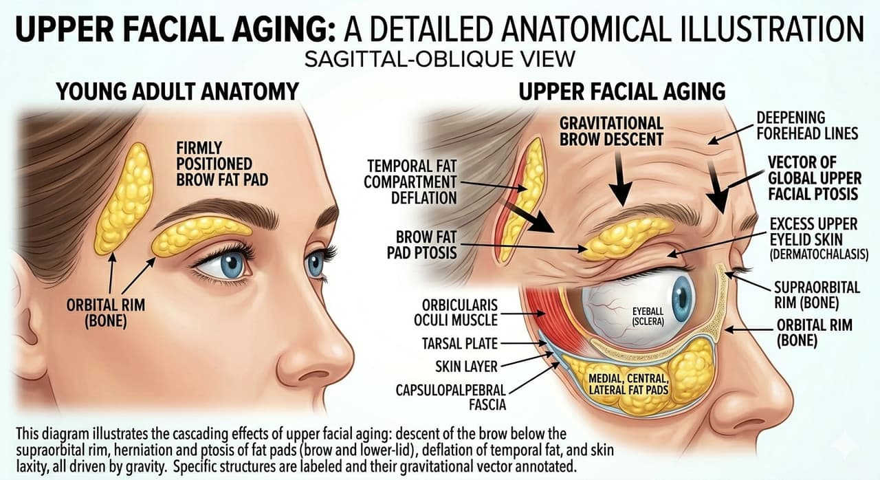 Diagram of upper facial aging anatomy showing brow, eyelid, tear trough, and temple changes
